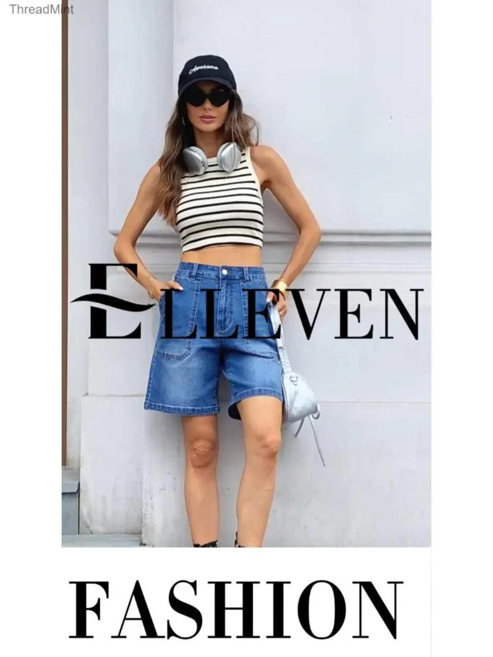 Denim Bermuda Shorts Stretchy Elastic Waist High Rise Jorts